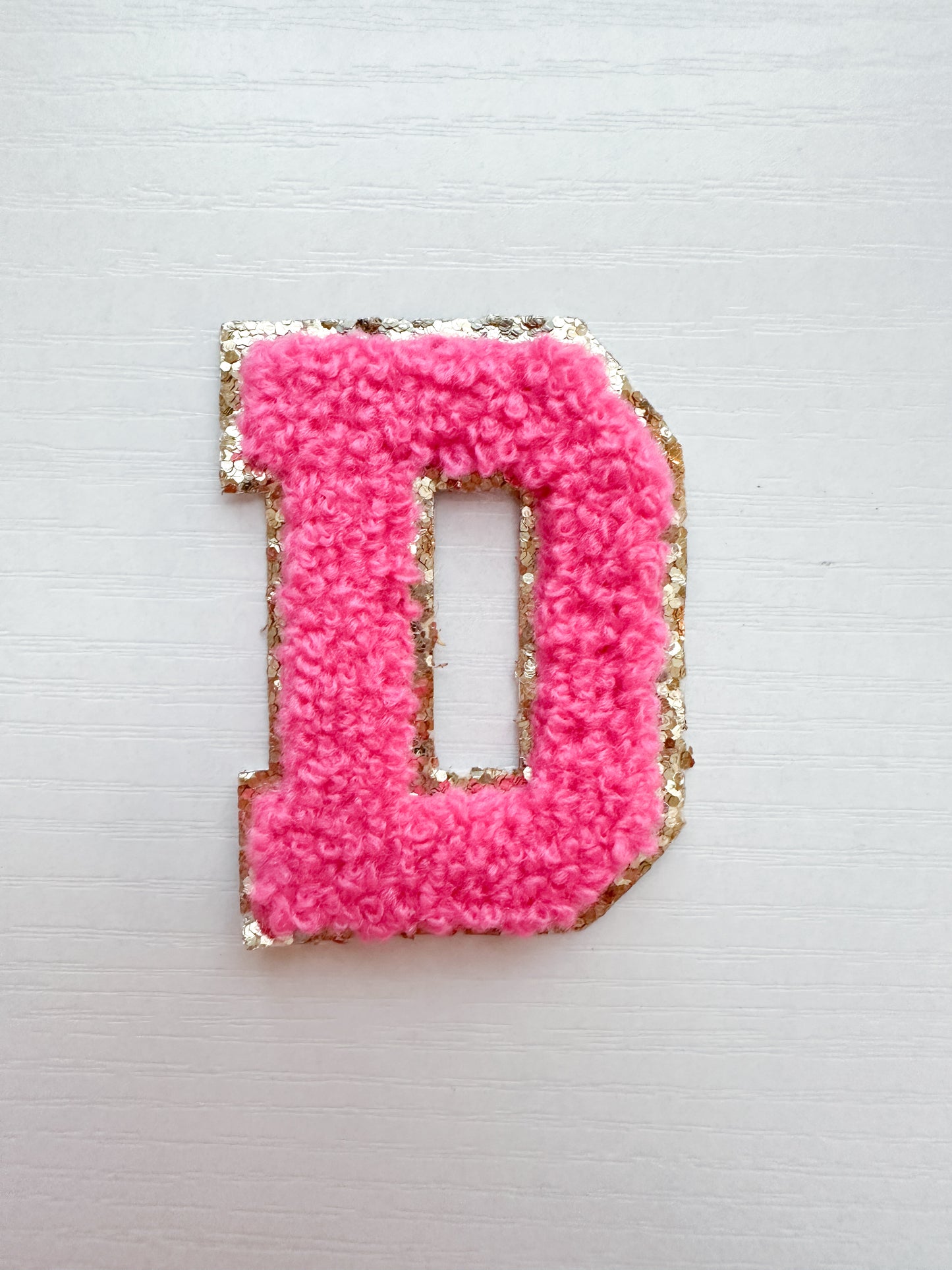 hot pink chenille patch letter self adhesive for diy bags and other activities. from the loki shop