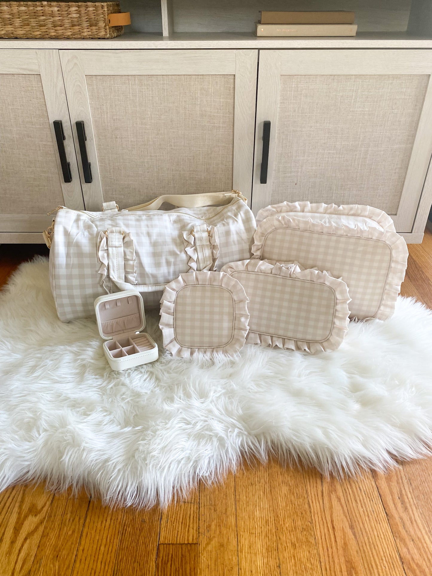 preppy bag set in beige gingham ruffle pattern