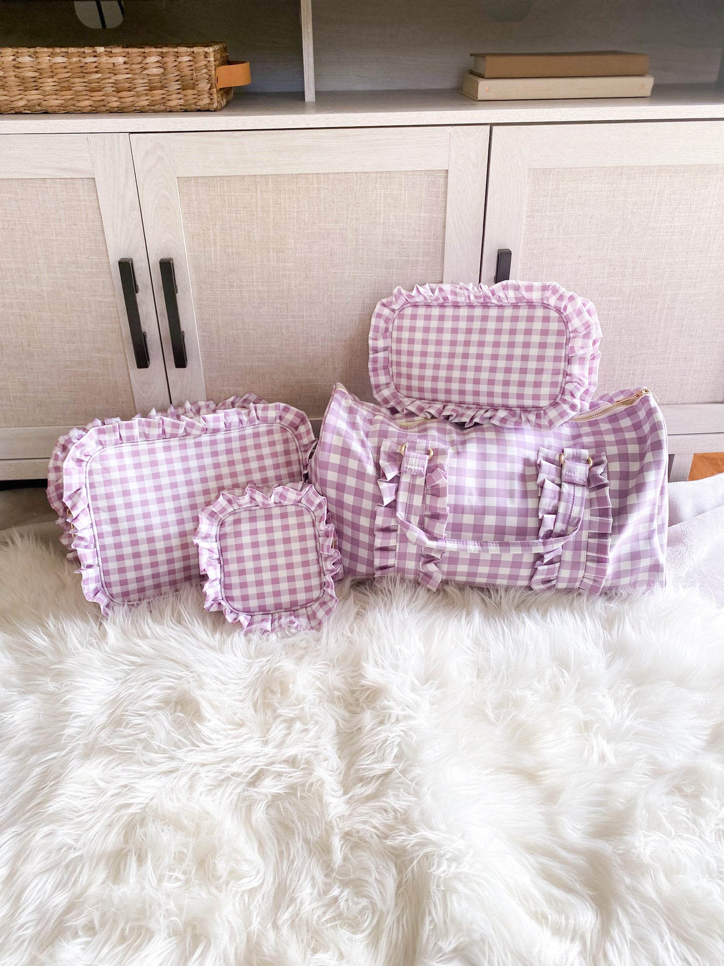 cute and preppy bag set in purple gingham ruffle