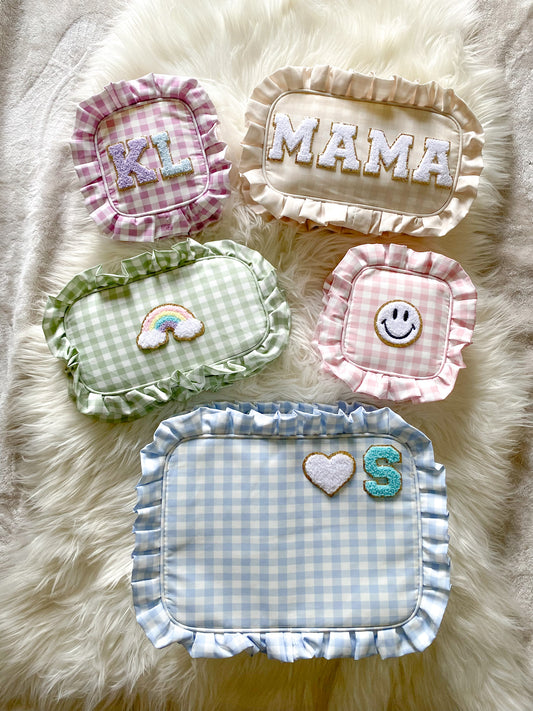 ruffle gingham makeup bag customized with chenille patches