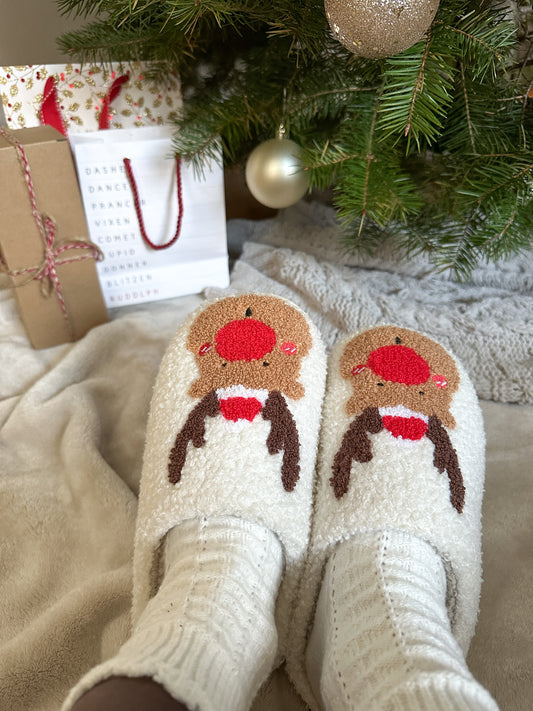 cute christmas slippers with a rudolph face fuzzy slippers for women