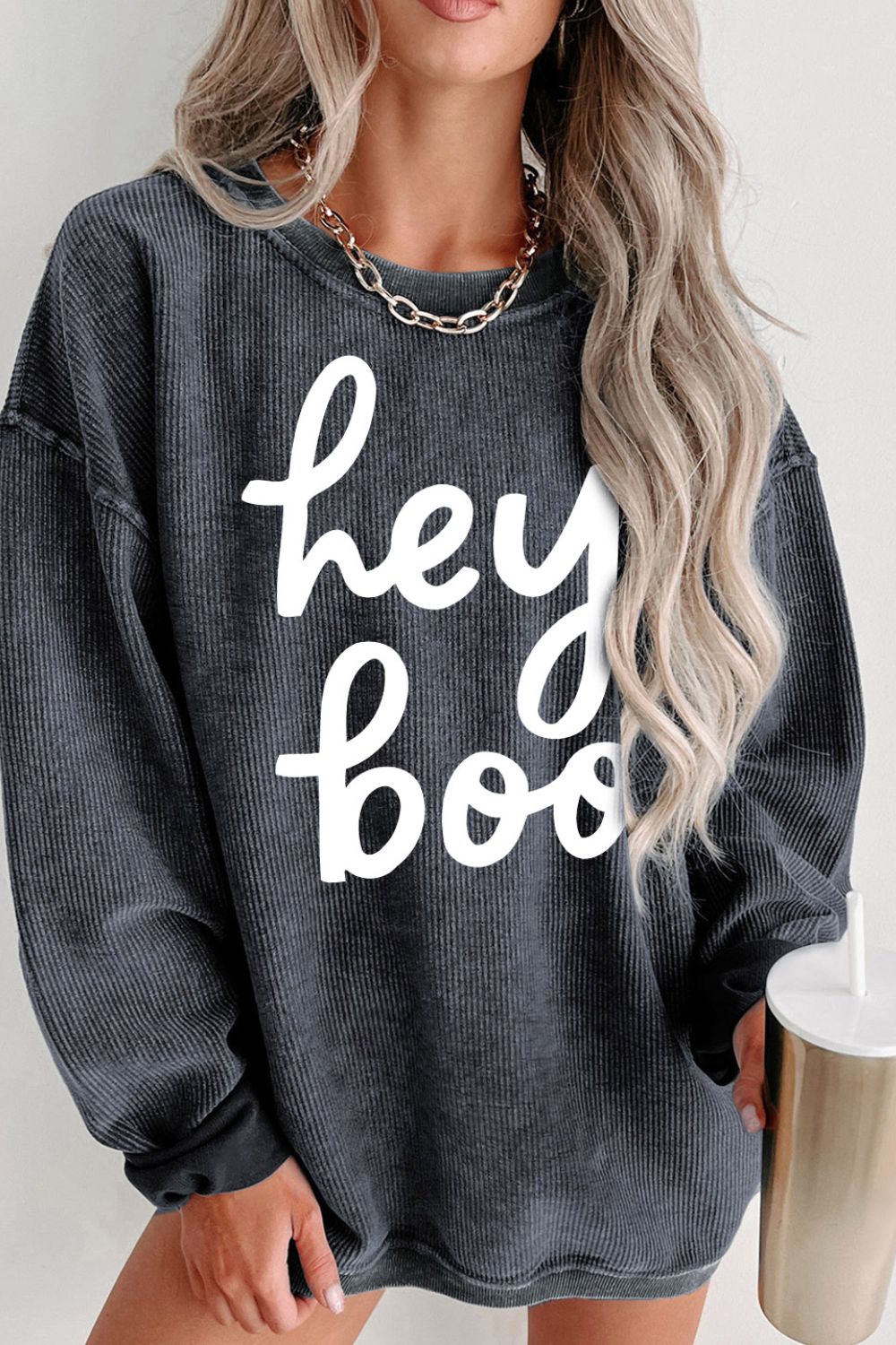 Hey Boo Corded Sweatshirt In Charcoal