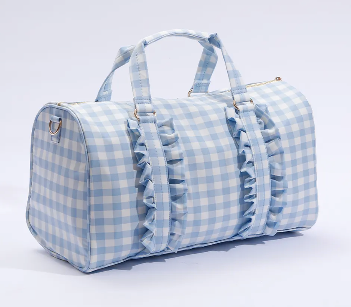 blue gingham ruffle duffle bag