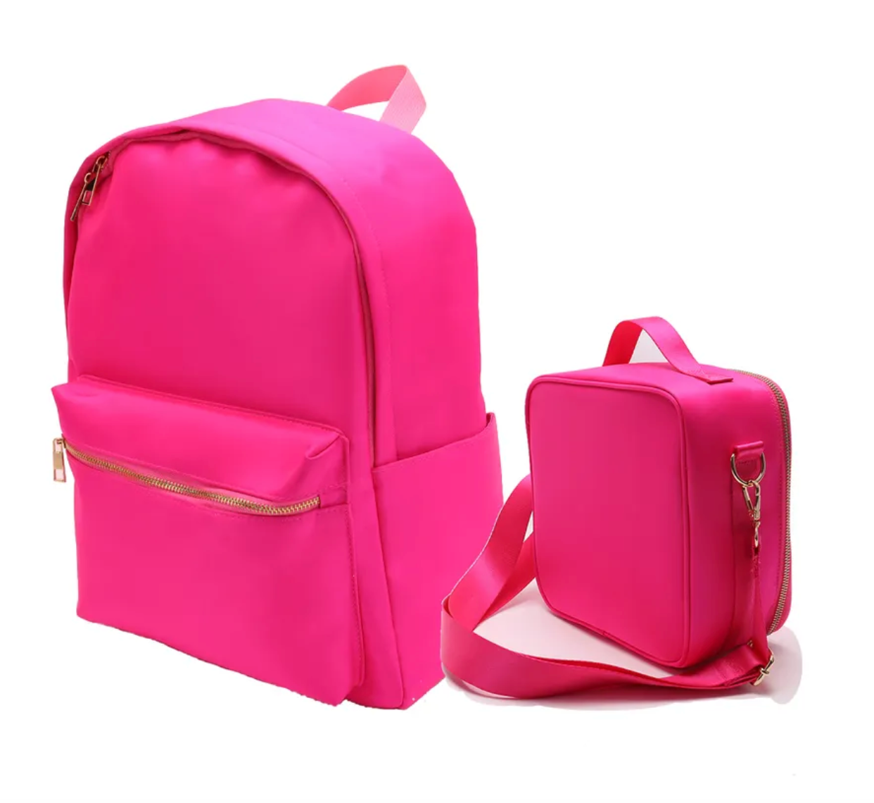 Personalized nylon backpack with patches in hot pink with matching lunch box