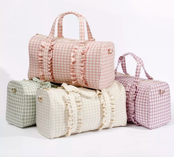 gingham ruffle duffle bag in pink, beige, green, and purple