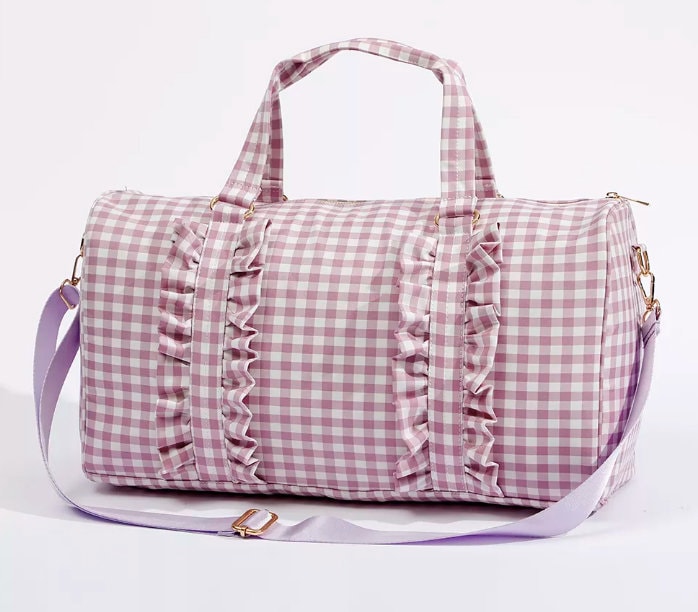 purple gingham ruffle duffle bag