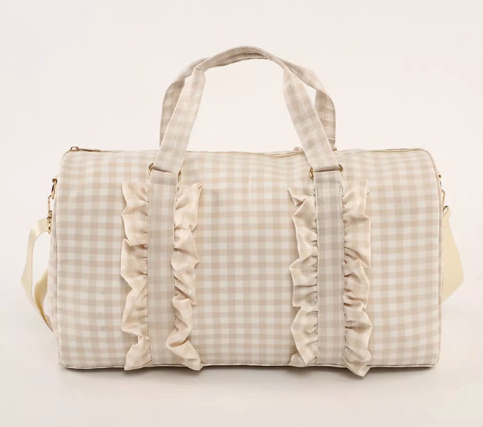 beige gingham ruffle duffle bag