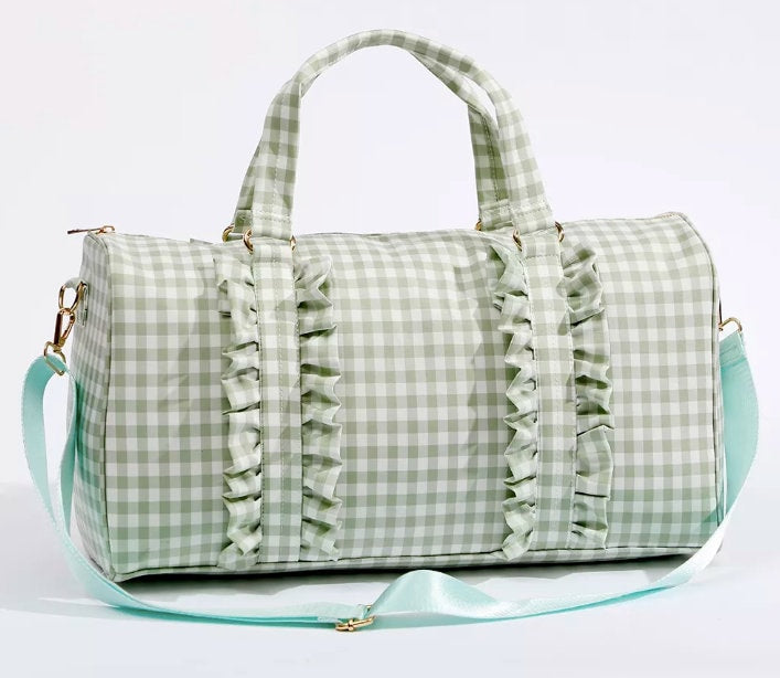 green gingham ruffle duffle bag