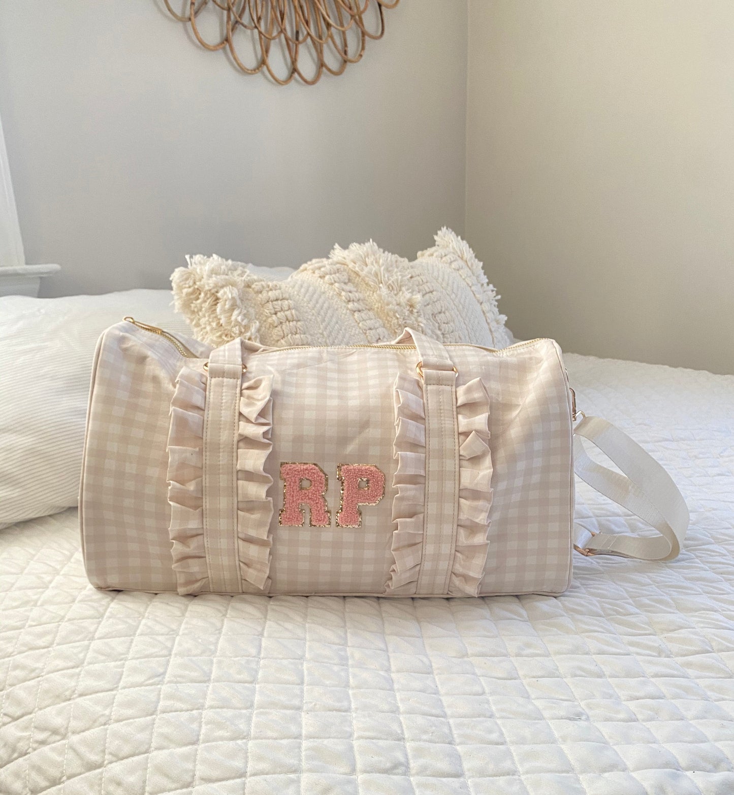 personalized beige gingham ruffle duffle bag with patches