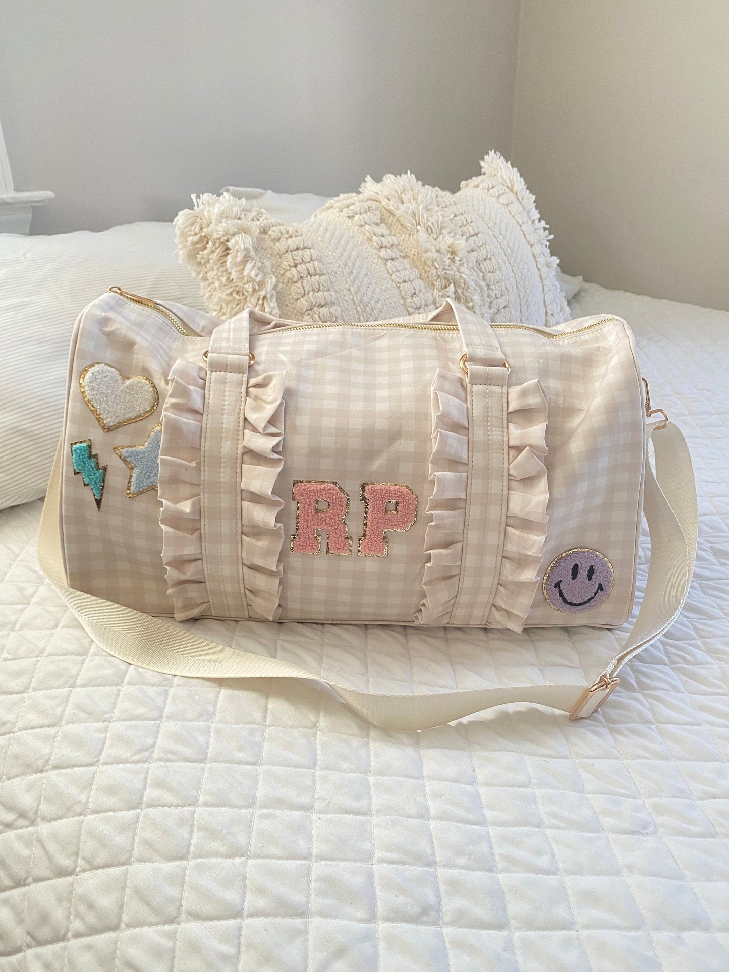 custom beige gingham ruffle duffle bag with cute chenille patches
