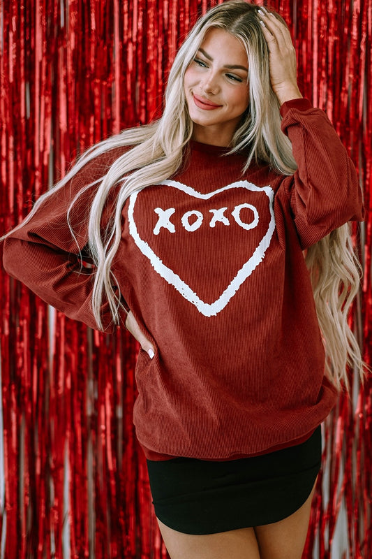 xoxo with heart around it in white, red corded sweatshirt for women, valentines day outfit