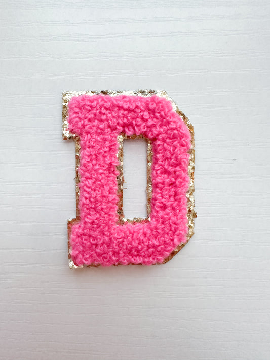 hot pink chenille patch letter self adhesive for diy bags and other activities. from the loki shop
