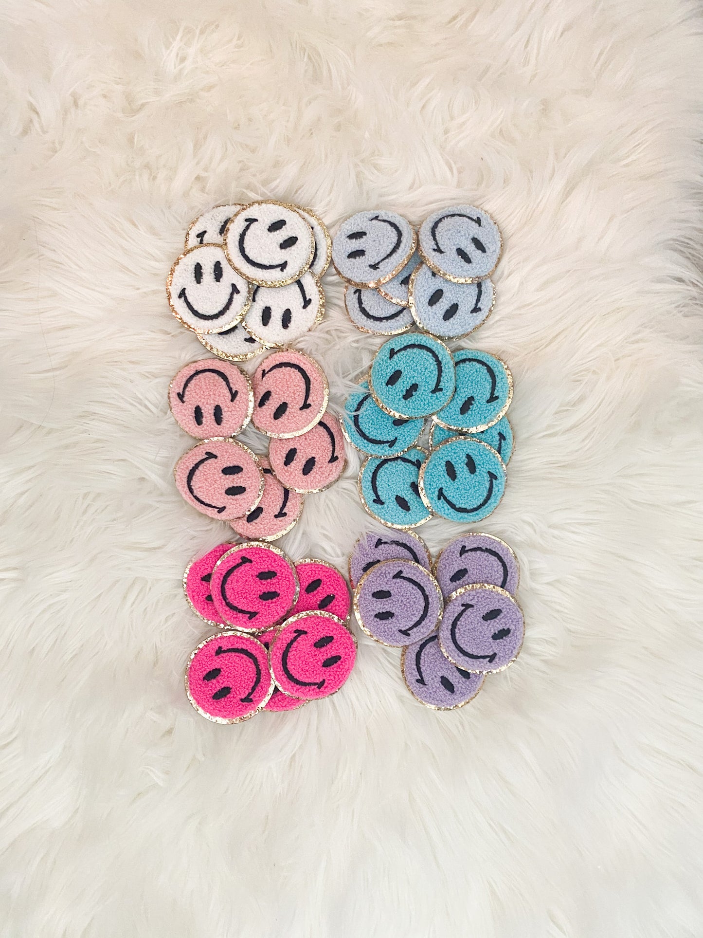 smiley face chenille patches self adhesive in white, light blue, light pink, mint, hot pink, and purple