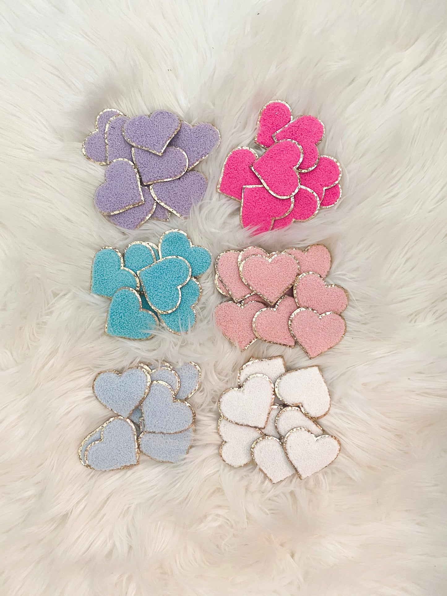 heart chenille patches self adhesive in purple, hot pink, mint, light pink, blue, and white with gold glitter trim