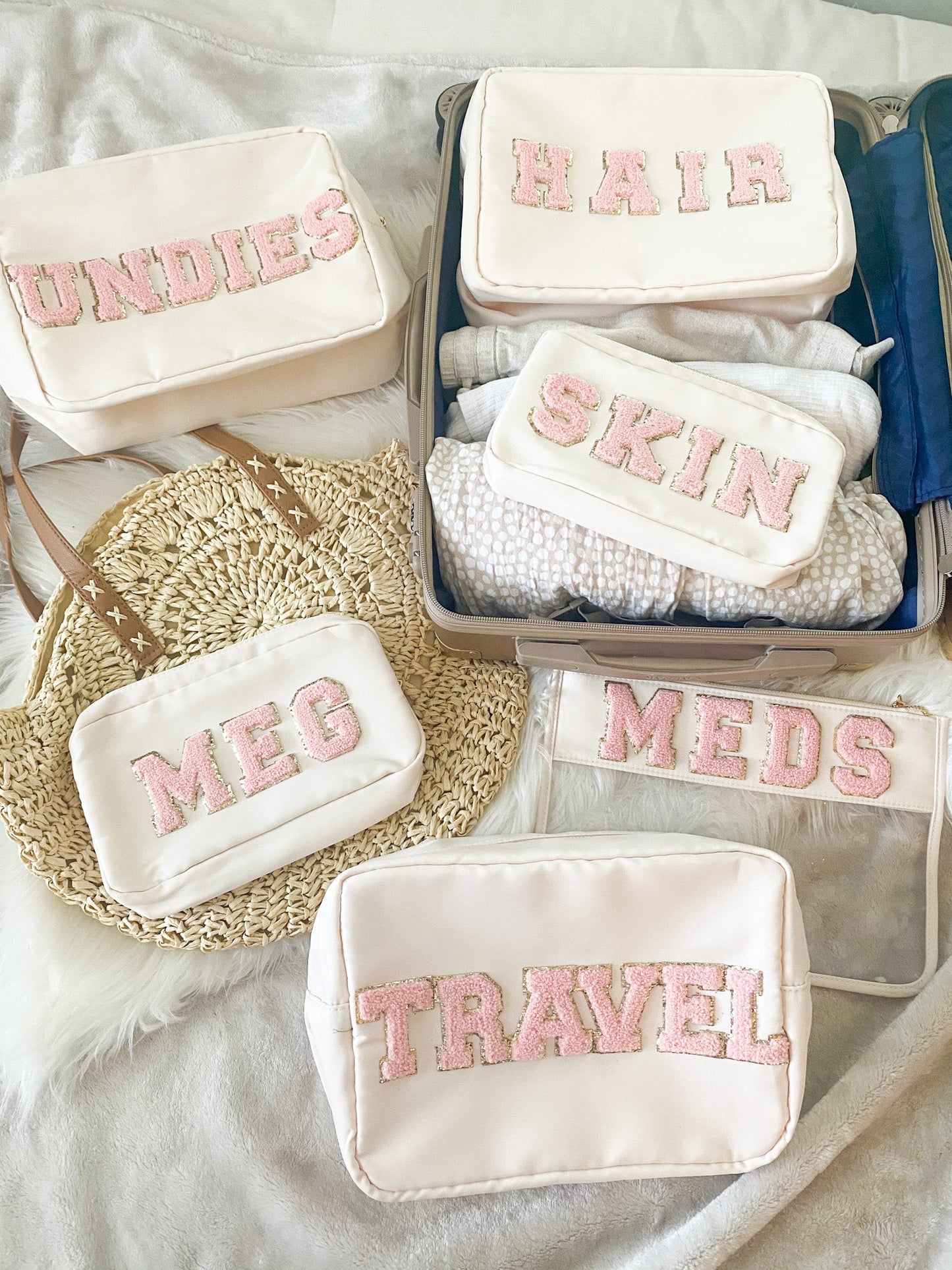 nylon packing cubes personalized with chenille patches DIY