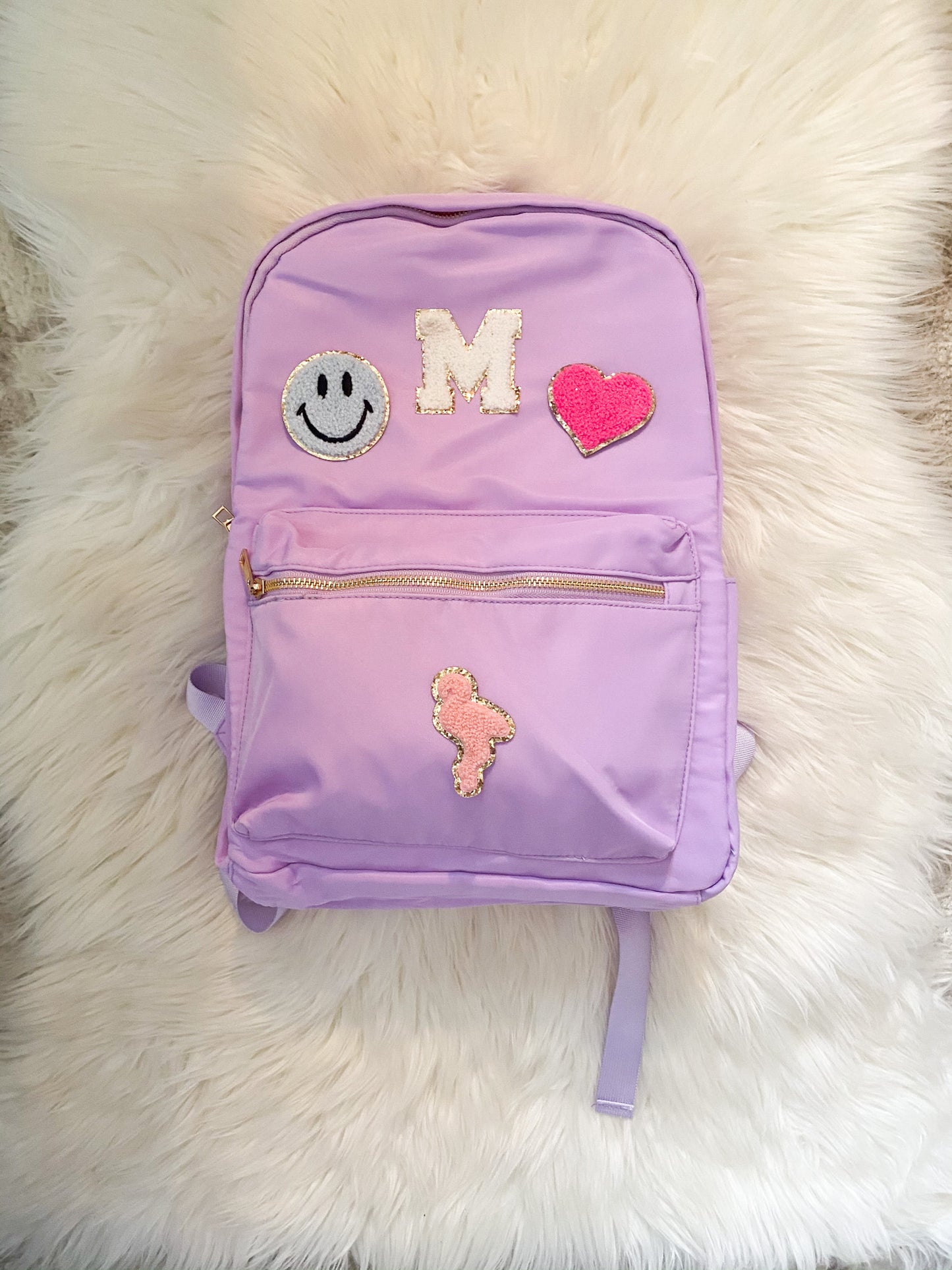 Personalized nylon backpack with patches in purple