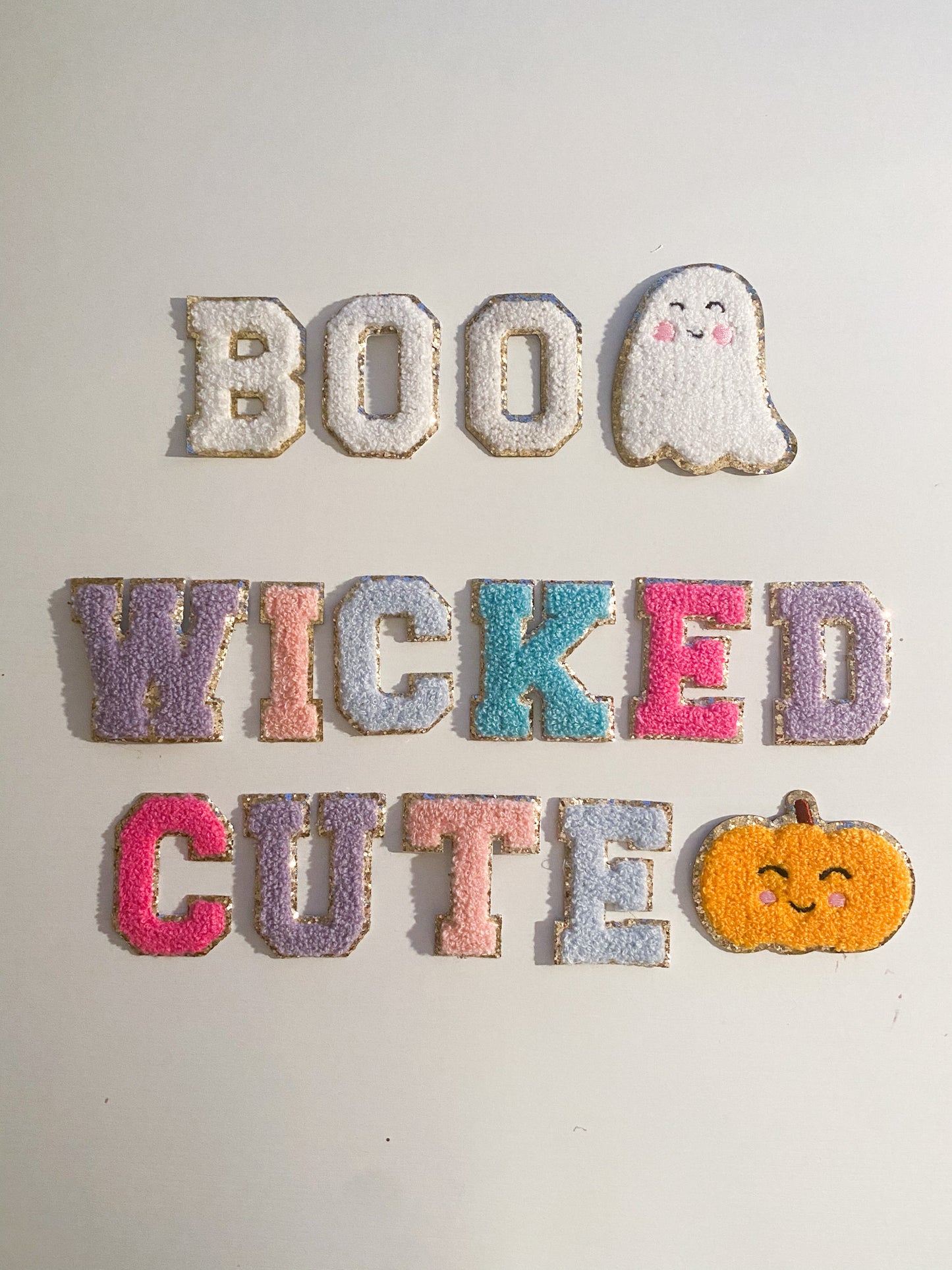 chenille patch halloween craft idea. saying BOO and WICKED CUTE