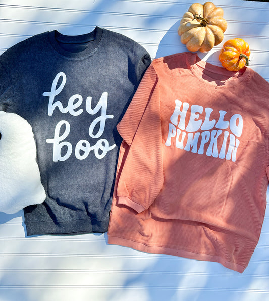 Women's Hello Pumpkin Orange Corded Graphic Sweatshirt