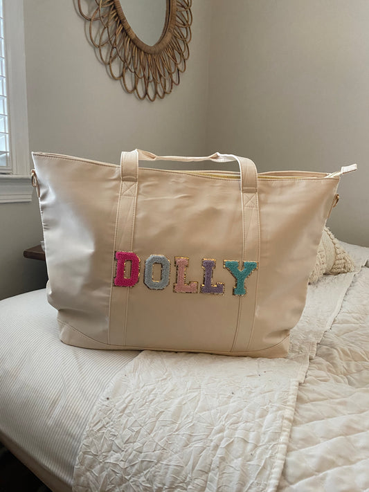 personalized nylon tote bag with chenille patches