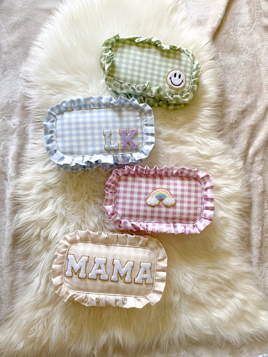 medium gingham ruffle pouch with chenille patches personalized