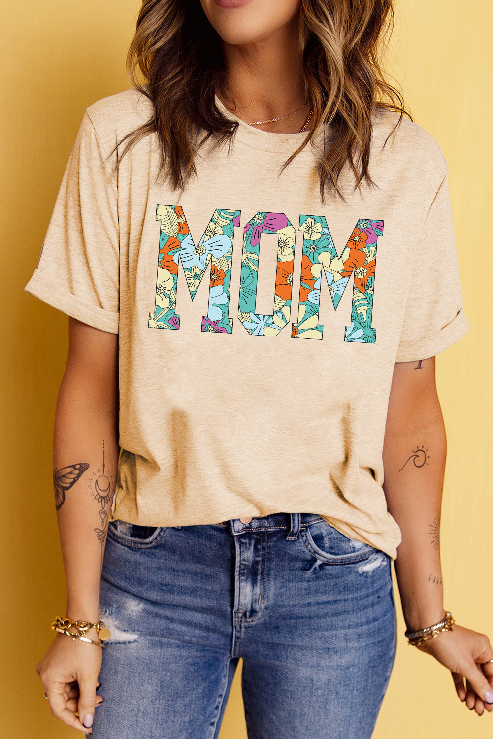 apricot color mom floral graphic tee