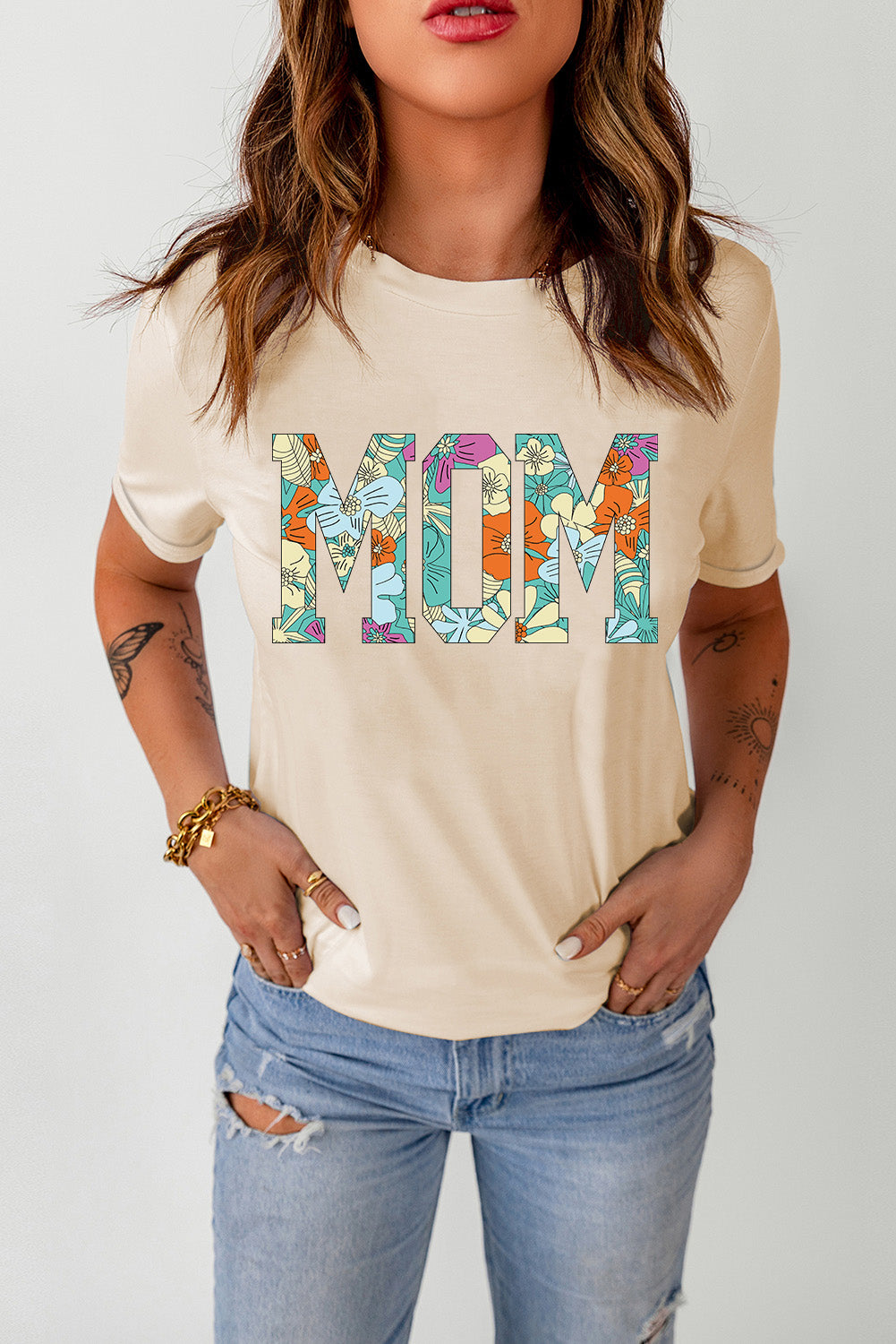 mom floral graphic t shirt in apricot color