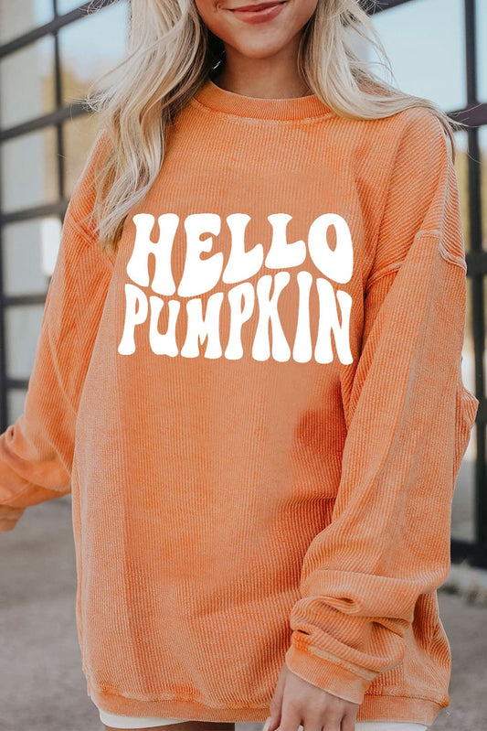 Hello Pumpkin Corded Sweatshirt In Orange womens fall graphic sweatshirt