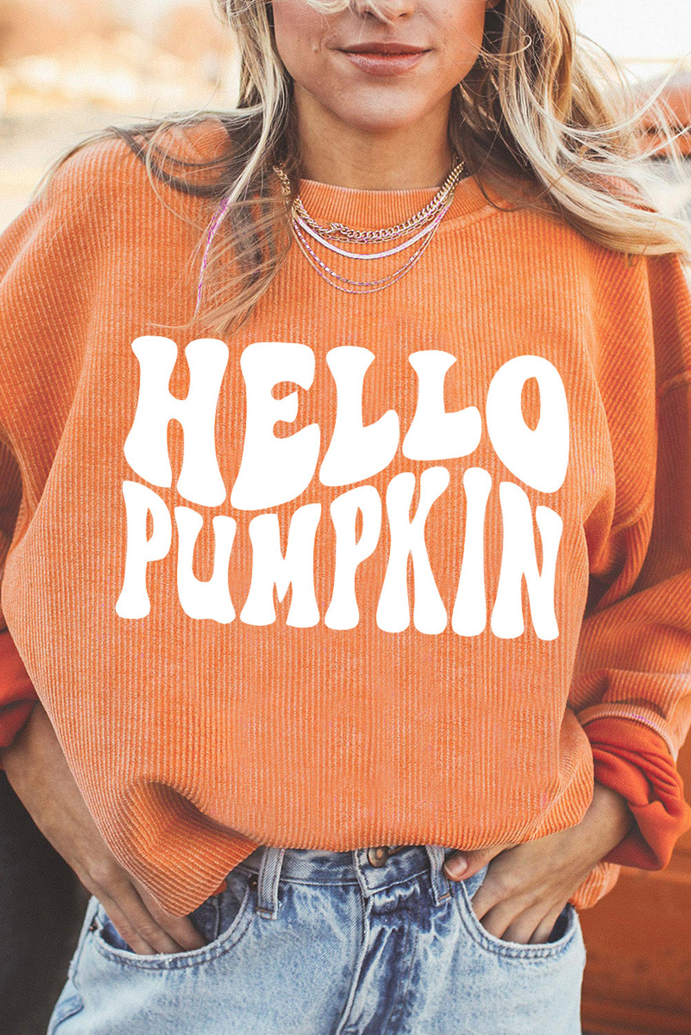 womens fall sweatshirt in orange saying hello pumpkin size inclusive