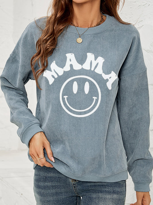 Corded sweatshirt in blue with smiley face and says "MAMA"
