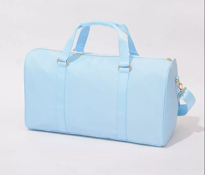 Personalized nylon duffle bag with patches in light blue