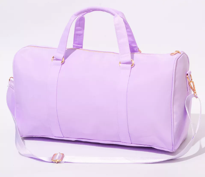 Personalized nylon duffle bag with patches in purple