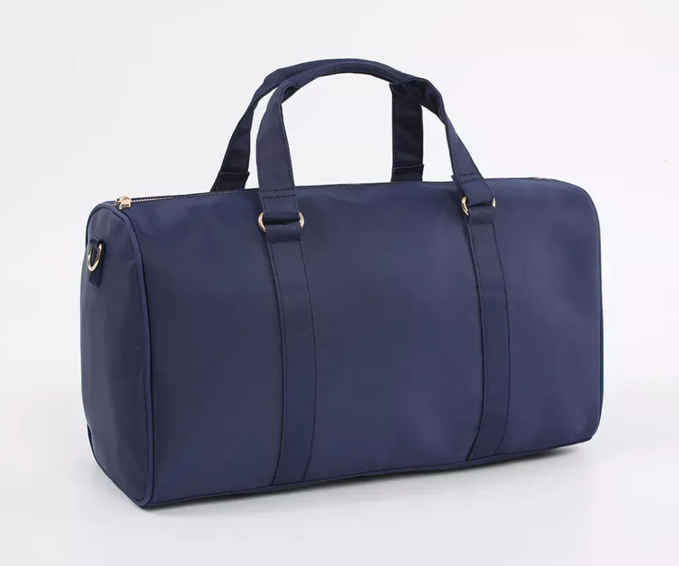 Personalized nylon duffle bag with patches in navy blue