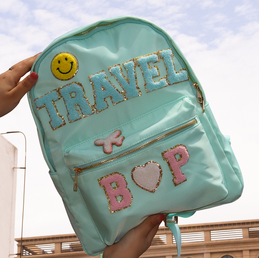 Personalized nylon backpack with patches in mint