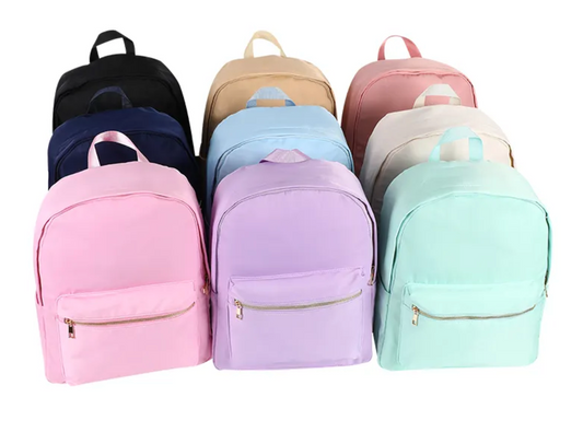 Personalized nylon backpack with patches color options - black, mauve, navy blue, light blue, beige, light pink, purple, and mint
