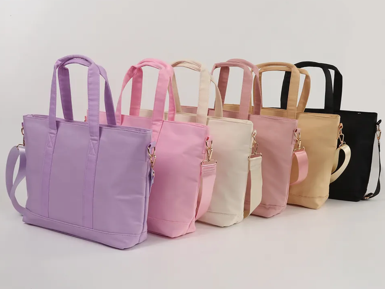 DIY nylon tote purple, light pink, beige, mauve, and black color options