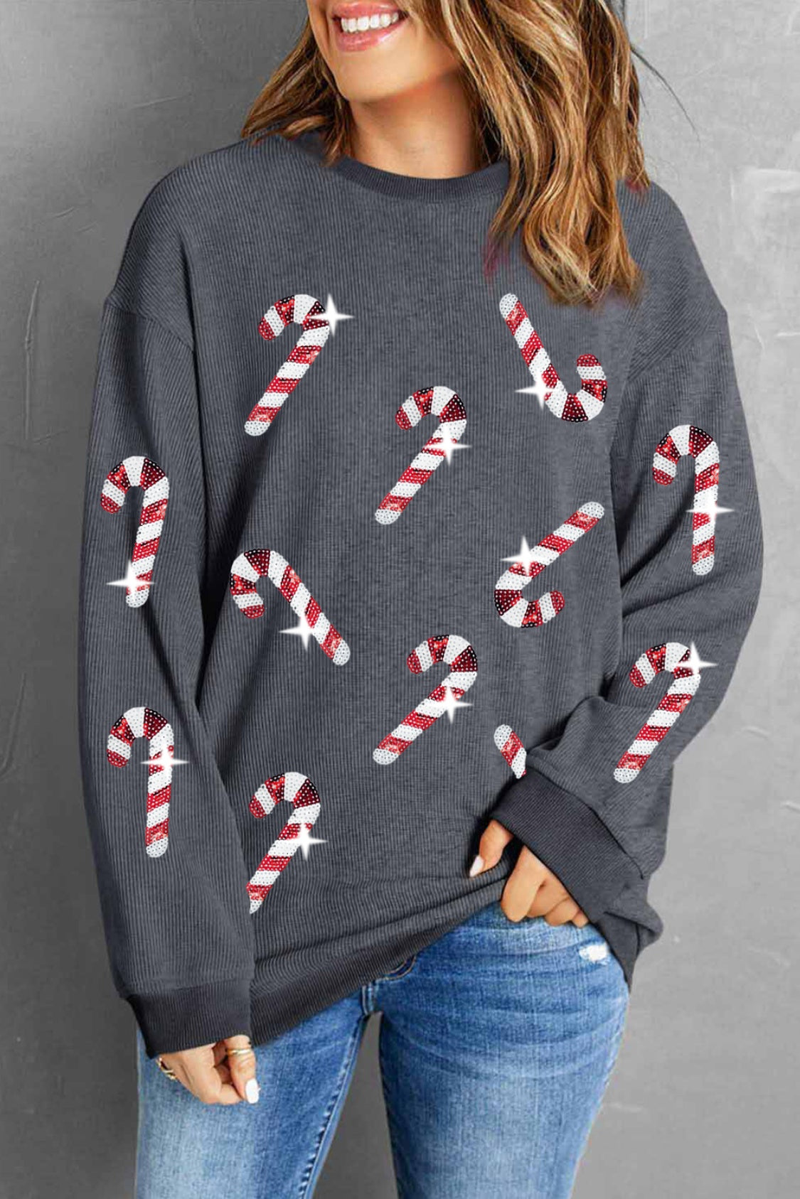 christmas sweatshirt for women with sequin candy cane patches