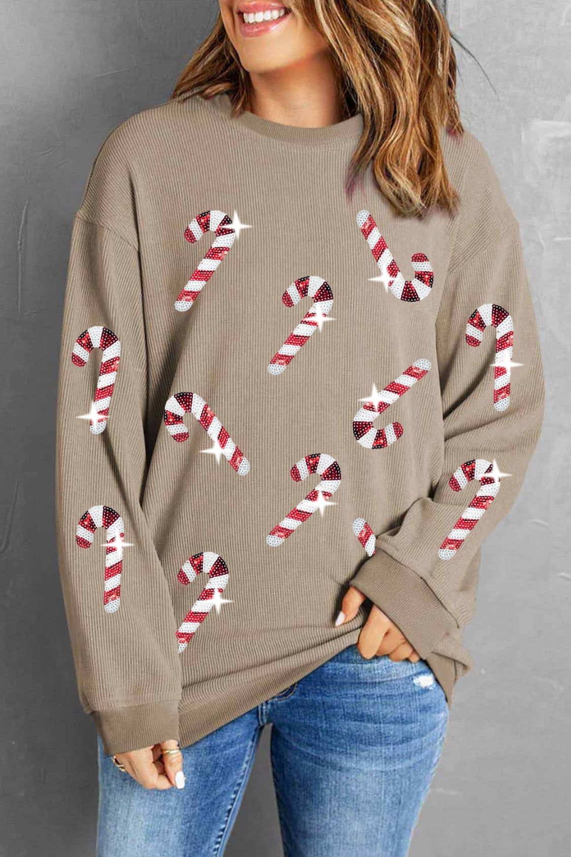 sequin candy cane patch sweatshirt for women in beige