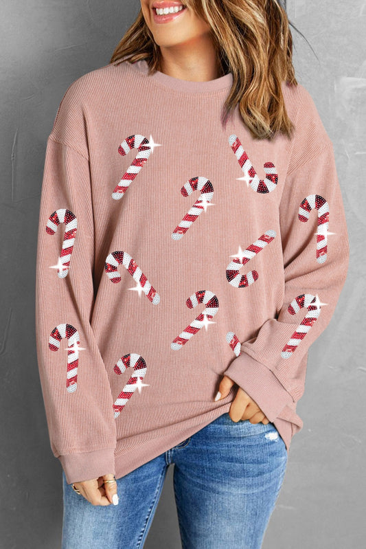 pink christma sweatshirt with candy cane sequin patch for women