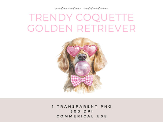 coquette golden retriever png pink heart glasses blowing bubble gum