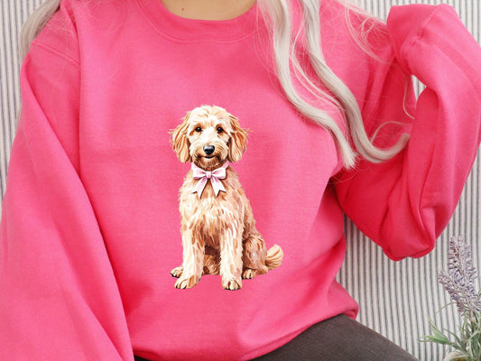 Goldendoodle Png Cute Watercolor Dog Pink Bow Grandmillenial Coquette Goldendoodle Mom Clipart Instant Digital Download Sublimation Design
